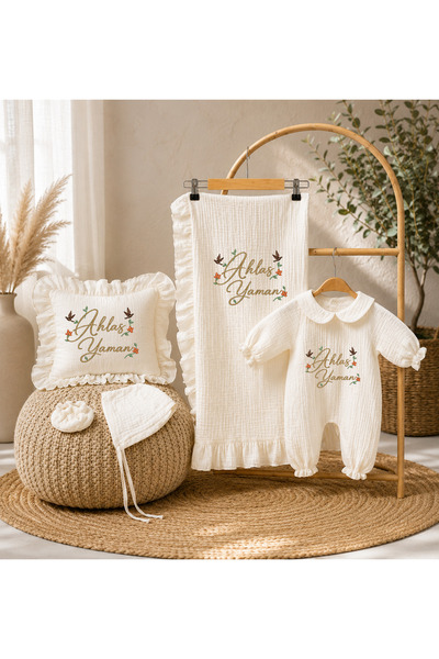Moda Lime İsme Özel Çiçek ve Kuş Temalı 5'li Hastane Çıkışı Seti - 4 Kat Müsl...
