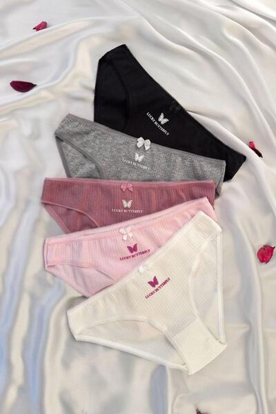 ANDİORA Women's 5-Piece Cotton Ribbed Slip Panties Set with Butterfly Pattern