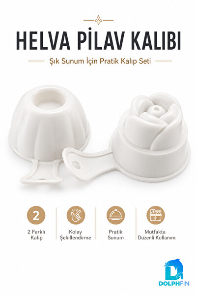 DolphFin Set of 2 Pilav and Halva Molds, Round and Floral Patterned, White