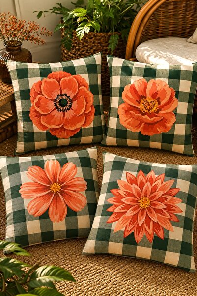 EVPANYA Checkered Flowers Patterned 4-Piece Throw Pillow Cover Set