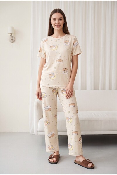 Modamorfo Mixed Figure Patterned Crew Neck Short Sleeve Combed Cotton Pajama ...