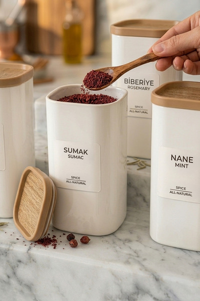NESS HOME 12'li Ahşap Görünümlü Etiketli Sızdırmaz Kapaklı Baharatlık Seti 350 ml