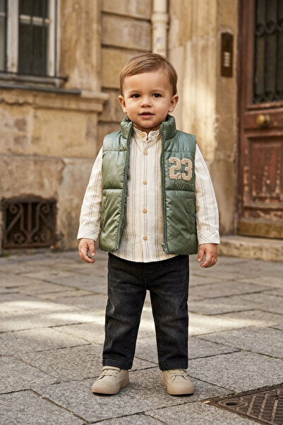 DYZSTAR Baby Boy 3-Piece Set - Green Puffer Vest, Striped Cotton Shirt, and B...