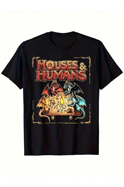 KYMC07 تي شيرت بتصميم خيالي مطبوع عليه عبارة 'HOUSES & HUMANS' باللونين الأحم...