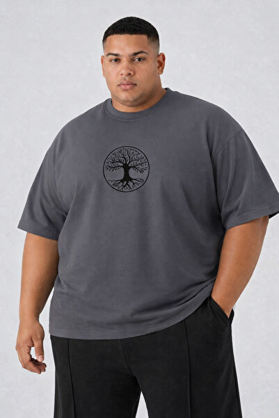 ZAVIXO Büyük Beden Erkek Oversize Ağaç Baskılı Bisiklet Yaka T-shirt