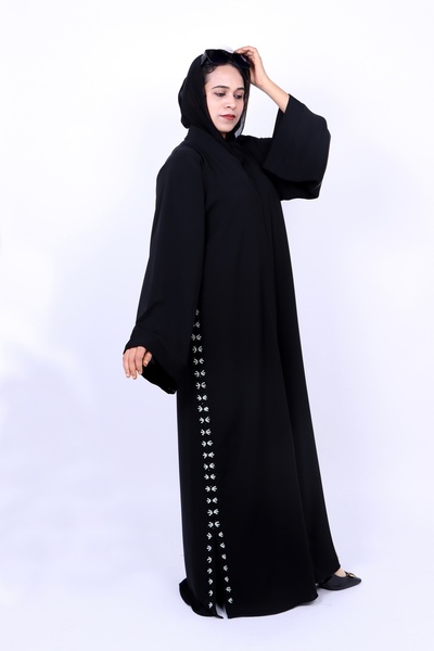 Izzah Bella Elegant Black Front-Open Abaya with Side-Pattern Detail and Match...