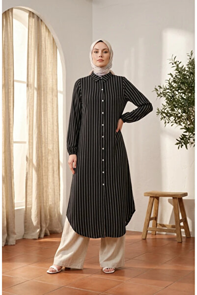sefamerve Muslin Fabric Buttoned Striped Tunic 0342-01 Black