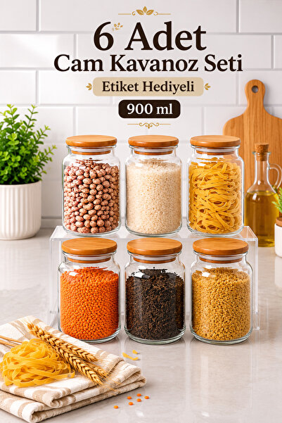 Zivora Home 6'lı 900 ml Ahşap Kapaklı Cam Saklama Kavanozu – Kahve Şeker Çay ...