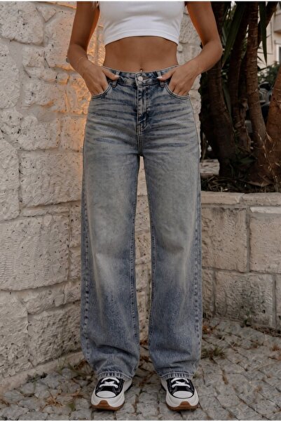 BİKELİFE Women's Vintage Effect High Waist Stretchy Wide Leg Jeans