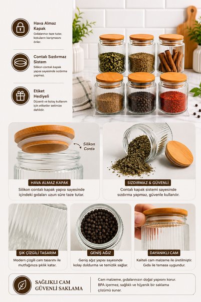 Zivora Home Set of 12 Striped Glass Spice Jars – 500 ml Airtight Glass Jars with Bamboo Lids – with Label Gift