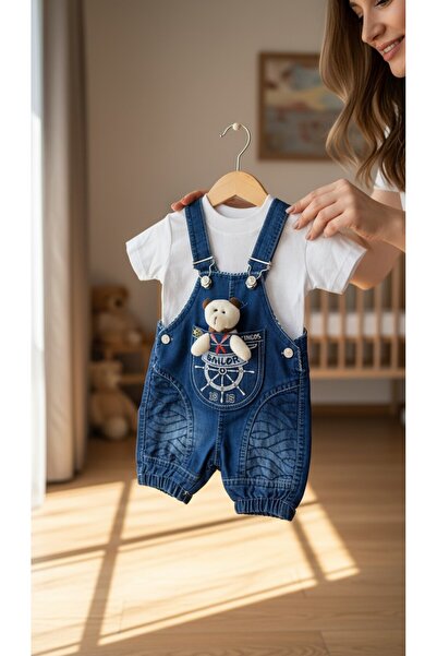 balbeybi Erkek Bebek Kot Salopet Takım Ayıcık Detaylı Beyaz Bodyli Jean Slope...