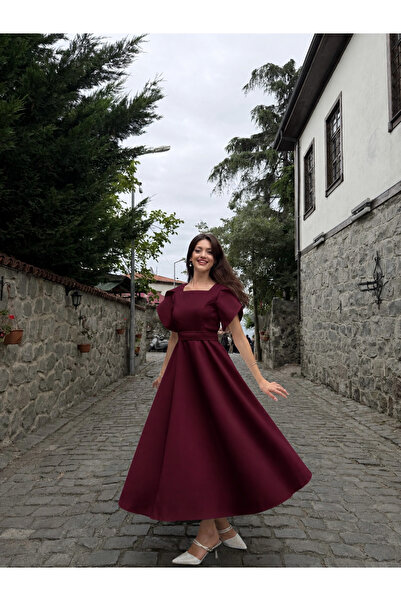 MEİZA KADIN BORDO NARA KARE YAKA MİDİ BOY ABİYE ELBİSE