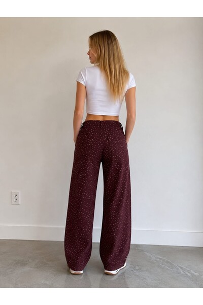 harmony factory Wide Leg Yüksek Bel Puantiye Desenli Bordo Kot Pantolon