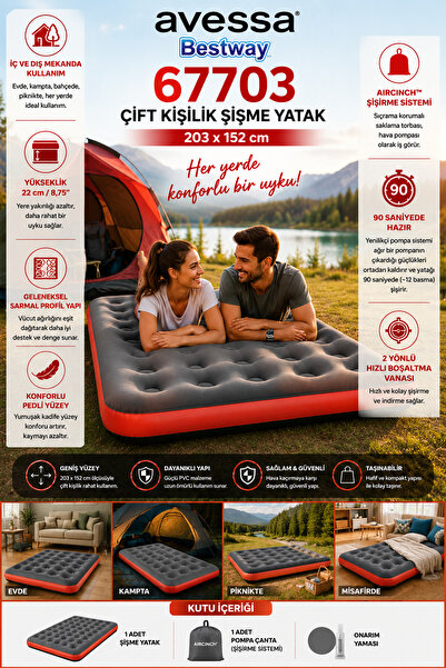 AVESSA 67703 Çift Kişilik Şişme Yatak - 90 Saniyede Kullanıma Hazır - Yumuşak...