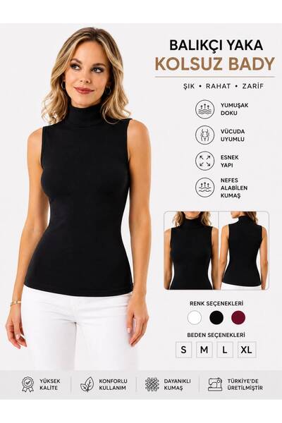 QULAT Kota Kadın Balıkçı Yaka Kolsuz Body | Basic Esnek Yumuşak Kumaş | Beyaz - Siyah - Ten Rengi