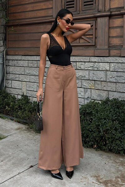 Moda4x4 Women's Clothing Camel Woven Long Wide Leg Palazzo Trousers