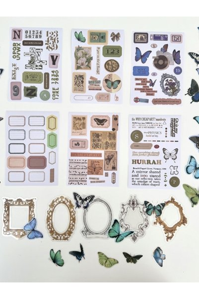 Kağıt Gemi Dükkan Vintage Butterfly Archive Kelebek Temalı 140 Parça Dopdolu Journal Scrapbook Seti/Defter/Washi Bant