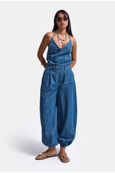 it's basic Women's Blue 1S6-4 Special Design Loose Cut Strappy Slopet Jumpsuit