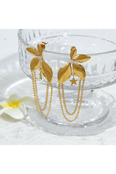 Noon Noora Flower diamond tassel earrings, stainless steel PVD plated 18K gol...