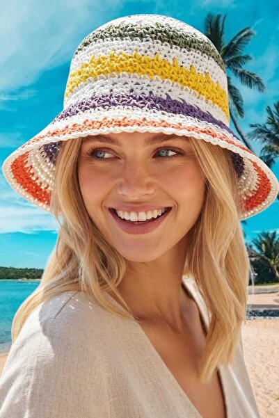 Uniquetrenders Women's Multi-Colored Striped Knitted Bucket Hat Straw Texture...