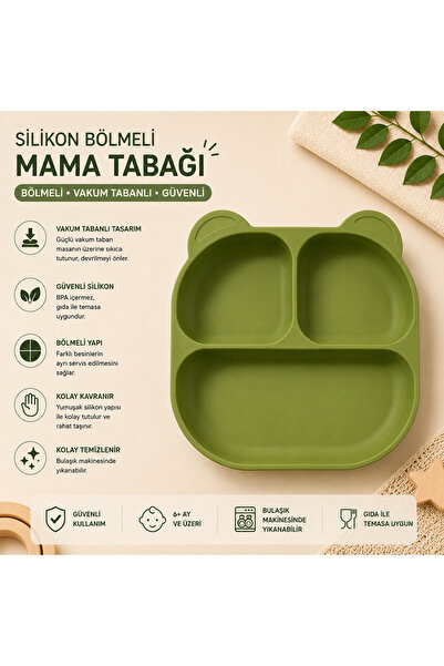 Bebeye Mio Vakum Tabanlı 3 Bölmeli Silikon Mama Tabağı Panda Figürlü BPA'sız Yeşil