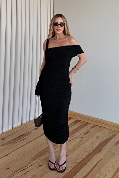 Laluvia Black Knitted Strap Detailed Draped Dress - 8546