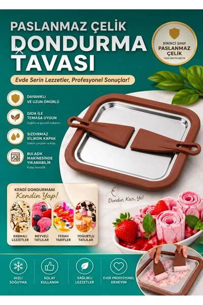 KOZMİK GİFT Paslanmaz Çelik Dondurma Tavası 2 Spatulalı Ev Tipi Rulo Dondurma...