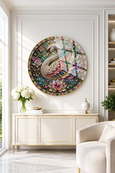 TAULART Нечуплив стъклен плот, детайл с лебед и камък, кръгла картина за стен...