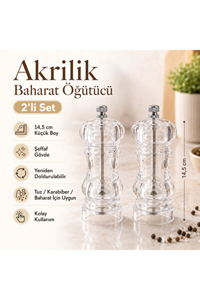 2’li Şeffaf Tuz ve Karabiber Öğütücü Seti 14,5 cm Küçük Boy Manuel Baharat Değirmeni
