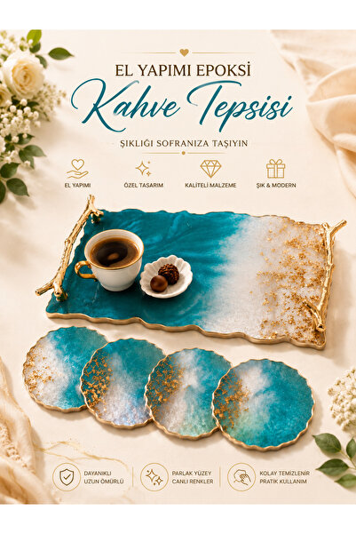 elimersacraft Gold kulplu epoksi kahve tepsisi Turkuaz epoksi tepsi 4'lü bard...