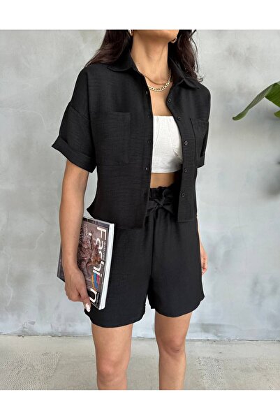 LOOKMEG Women's Linen Two-Piece Set with Pockets (Shorts and Shirt)