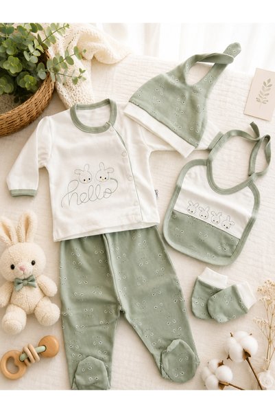Mou&Kou 5 Piece Boxed Newborn Hospital Discharge Set with Rabbit Embroidery Baby Birth Gift