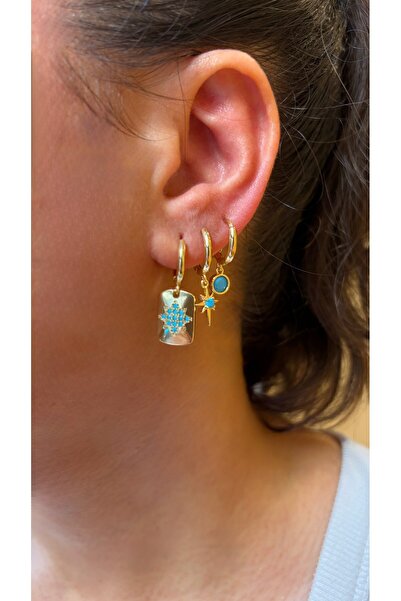 Eylülün Takısı Women's Gold Color 3-Star Model Dangle Earrings