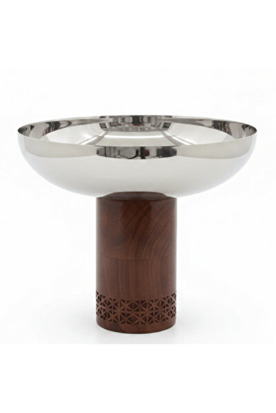 AKDC Luhpar Brown Wooden Footed Silver Stainless Steel Bowl - 21×26 cm