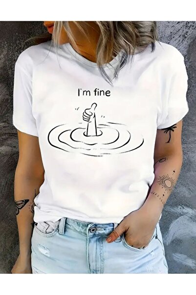 Unısex I'm Fıne Baskılı Oversize Bisiklet Yaka T-Shirt