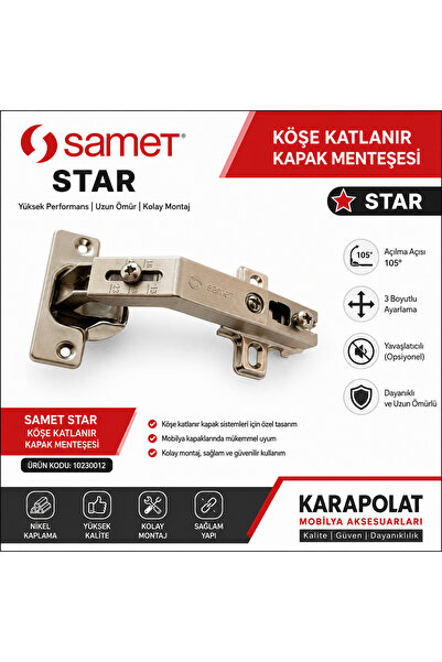 KARAPOLAT Samet Star Köşe Katlanır Kapak Menteşesi 105° Mobilya Dolap Kapak M...