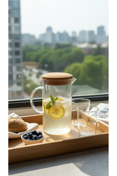 zezedesing Mantar Kapaklı Cam Sürahi 1.7 Litre | Şeffaf Su, Limonata, Meyve S...