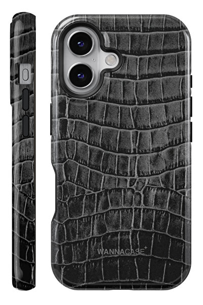 WANNACASE iPhone 16 Noir Croc Çift Katmanlı Essential Tough Telefon Kılıfı