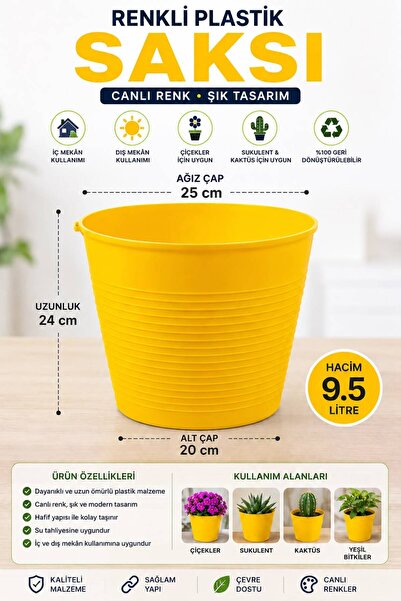 NEXVORİA Renkli Plastik Saksı – 9.5 Litre Büyük Boy Çiçek Saksısı Sarı( Tabak...