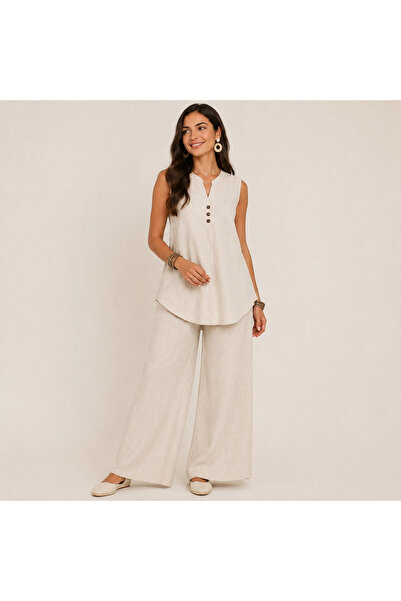 OK BLUME Women's Short Sleeve Wrinkled Blouse and Pants Two-Piece Set