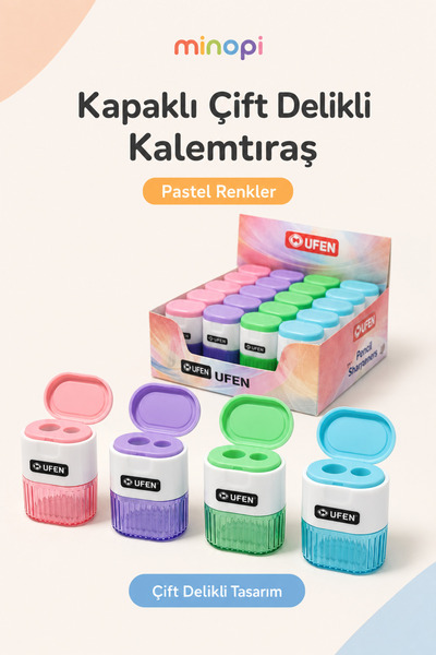 Minopi Çift Hazneli Renkli Kalemtıraş Karışık Renkli Kalem Açacağı 70603