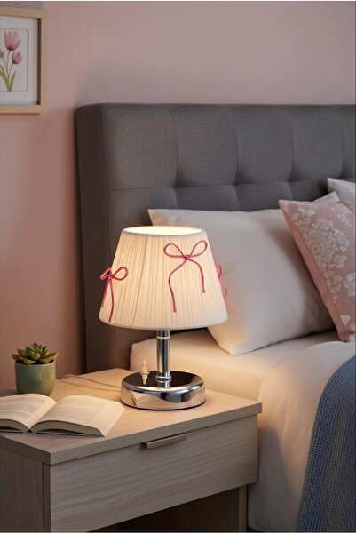 Elizim Home Lighting Bella Fiyonk Dekoratif Abajur - Fuşya Fiyonklu Krom Ayak...