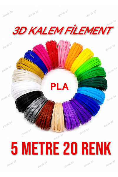 DİVRAK3D 20 renk 100 metre 20X5 3d Kalem Filamenti Yazıcı Pla 1.75 mm