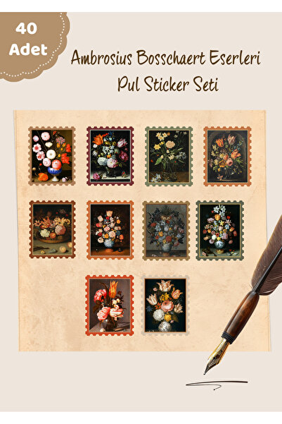 Ambrosius Bosschaert Eserleri Pul Temalı Sticker Seti / Bullet Journal / Scrapbook / Etiket