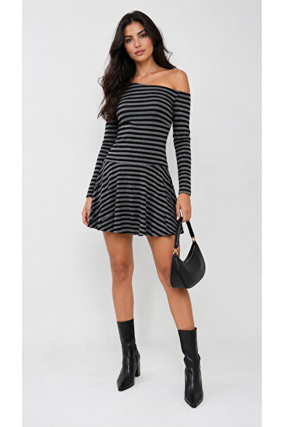 BLOUSE Omuz Dekolteli Çizgili Fit Mini Elbise