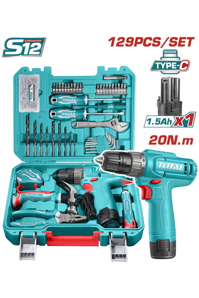 TOTAL Ασύρματο Σετ Δραπανοκατσάβιδο Li-ion 12V / 1.5Ah / 20Nm 129 Τεμάχια Τύπ...