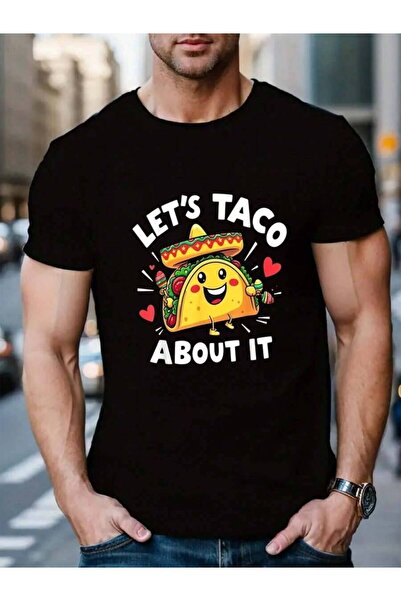 LİNA06 تي شيرت رجالي أسود 100% قطن بطباعة مضحكة 'Let's Taco Bout It' للطعام ا...