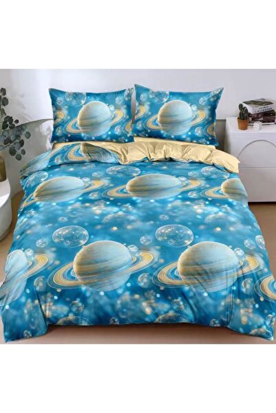 decorami Lenjerie pat dublu cu Elastic, bumbac satinat, Albastru, planete