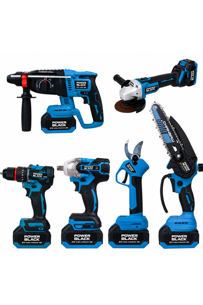 POWER BLACK 6-LI SET HİLTİ+TAŞLAMA+SOMUN SIKMA+MATKAP+TESTERE+MAKAS 21V 3 AH ...