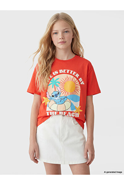 LC Waikiki Trendlucky Loose Fit Stitch Printed Girls' T-Shirt with Difference...